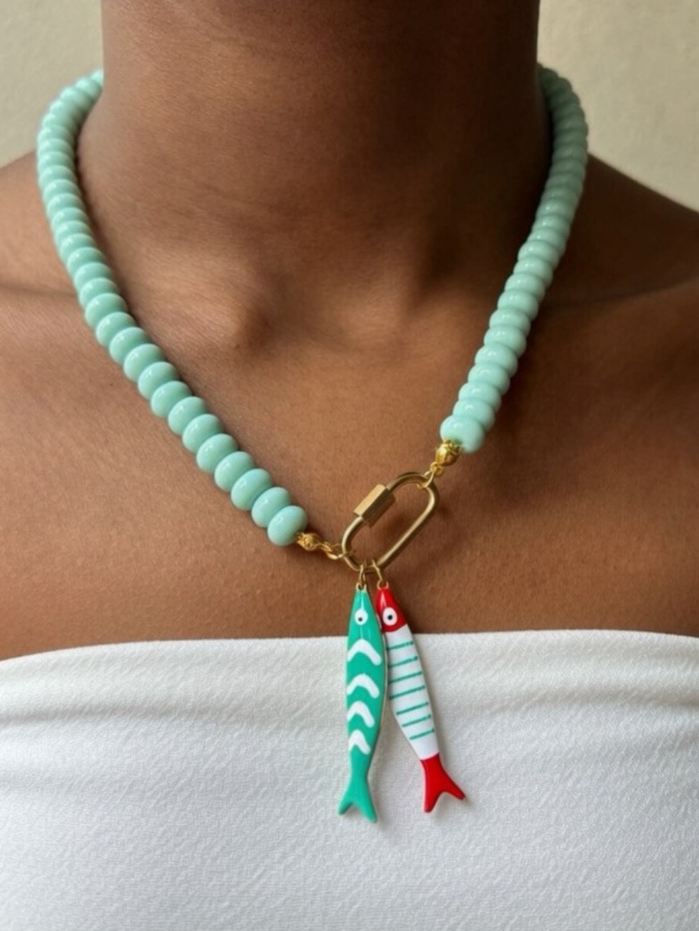 Glass Beaded Aqua Necklace with Red & Teal Fish Charms